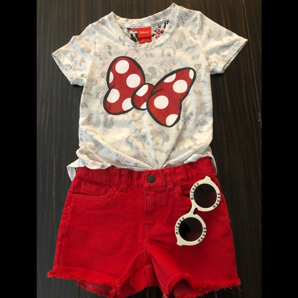 Matching Red Shorts and Disney Minnie Bow Shirt.